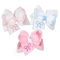 EMBROIDERED BOW CROCHET EDGE HAIR BOW ON ALLIGATOR CLIP