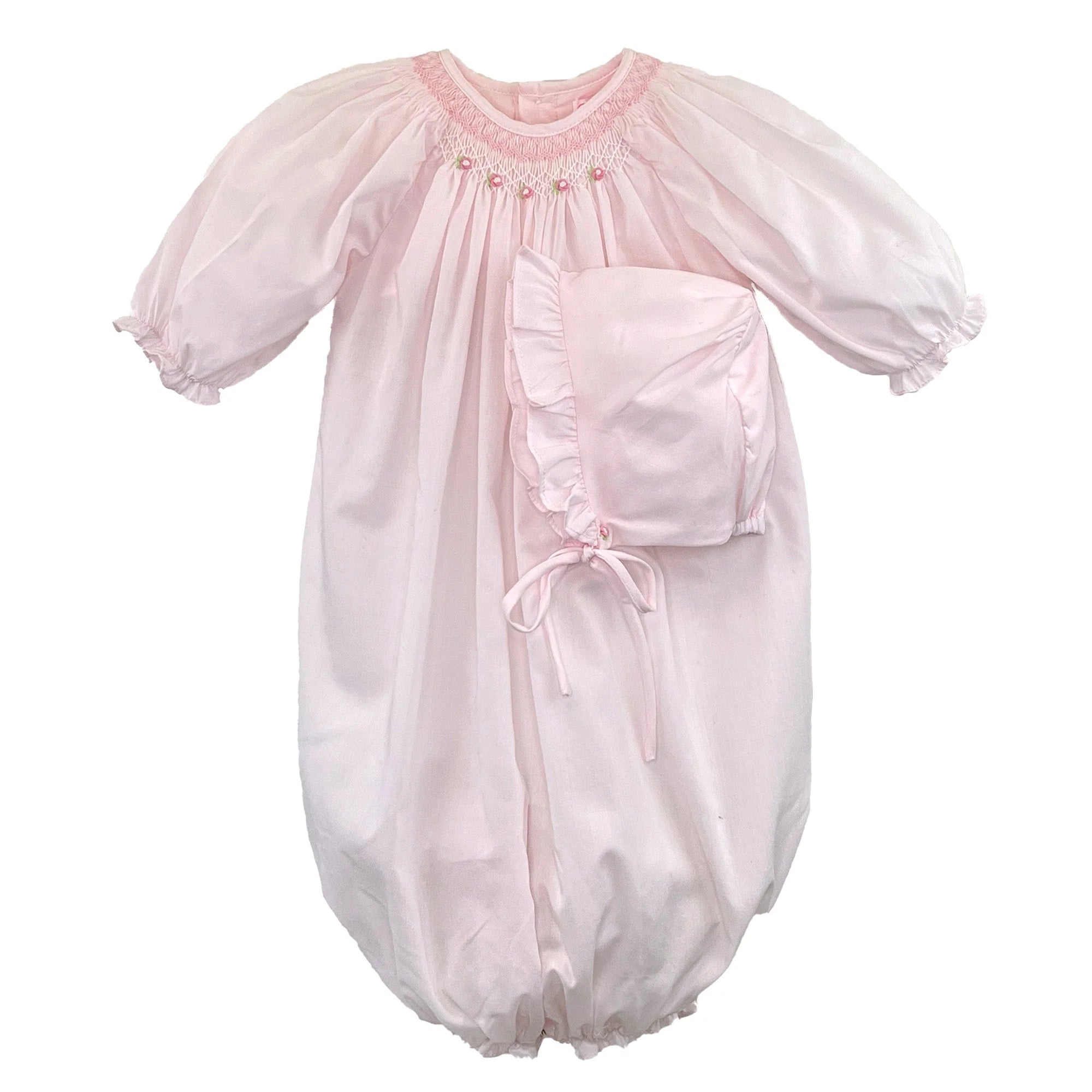 BISHOP SMOCKED HEIRLOOM CONVERTER GOWN AND BONNET - PINK