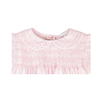 SMOCKED LACE DRESS WITH MATCHING BONNET AND BLOOMERS - PINK