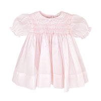 SMOCKED LACE DRESS WITH MATCHING BONNET AND BLOOMERS - PINK