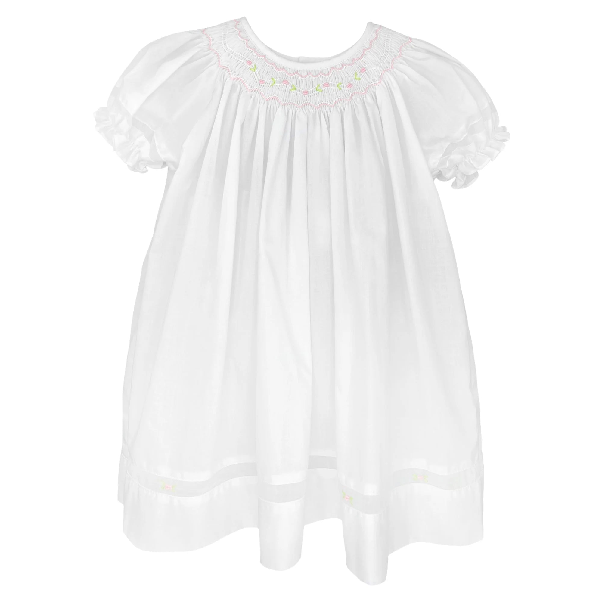 SMOCKED HEIRLOOM DAYGOWN WITH VOILE INSERT AND MATCHING BONNET - WHITE