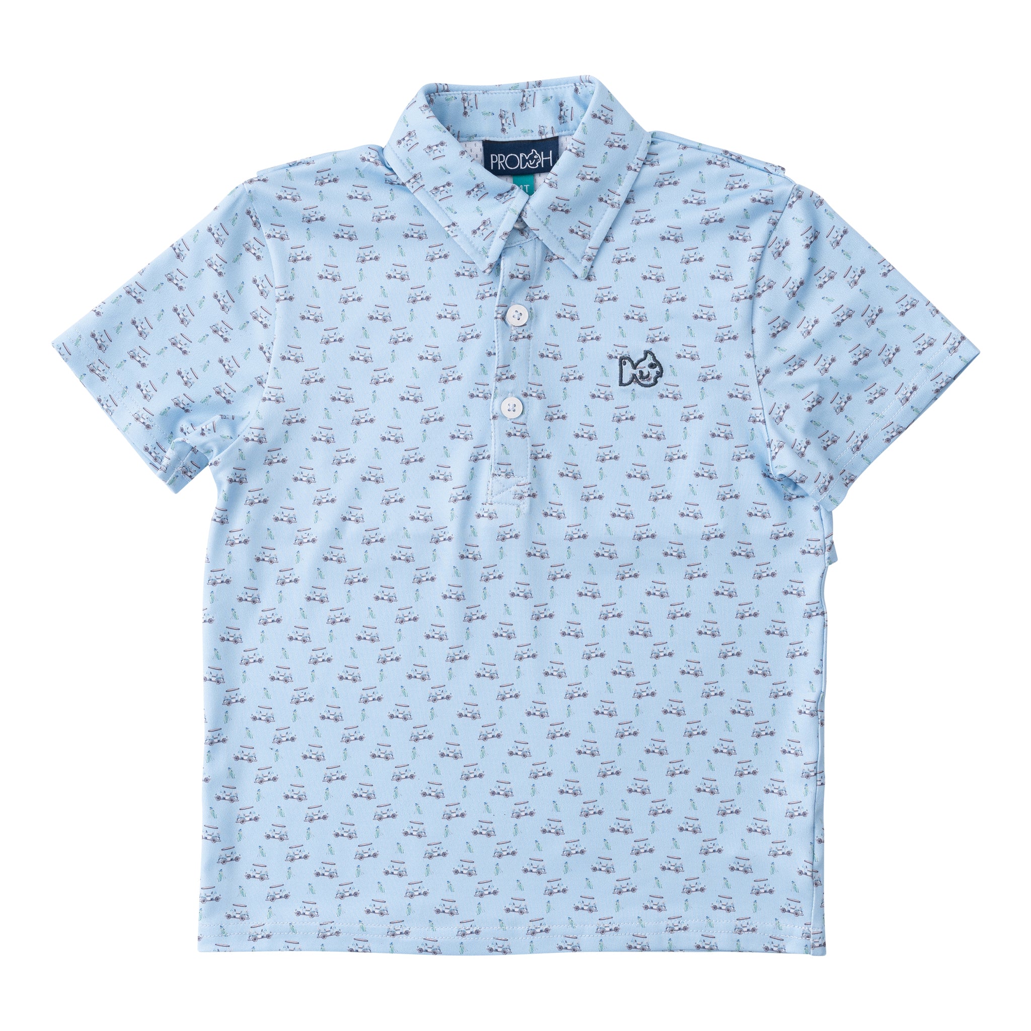 BOYS PRO PERFORMANCE SHORT SLEEVE POLO  - POWDER BLUE GOLF CART PRINT