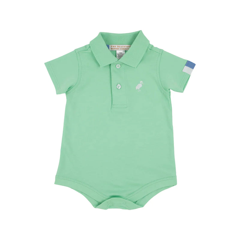 PRIM AND PROPER POLO ONESIE GRACE BAY GREEN WITH SUNRISE BLVD AND WORTH AVENUE WHITE STORK