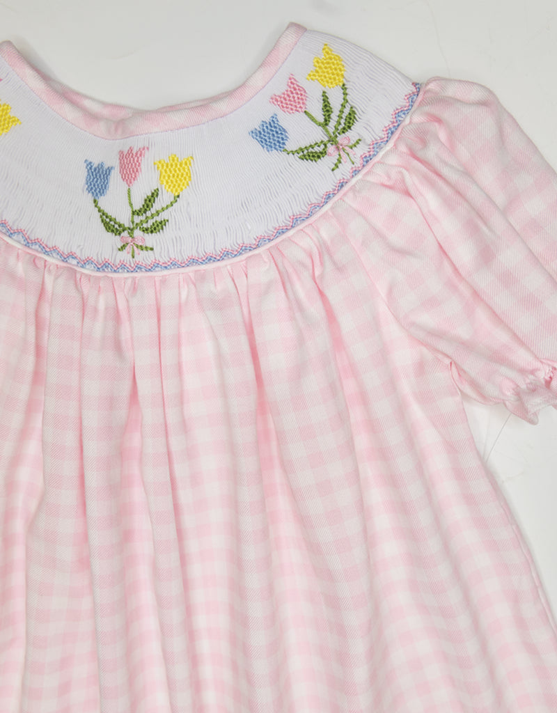 PINK GINGHAM TULIP SMOCKED DRESS