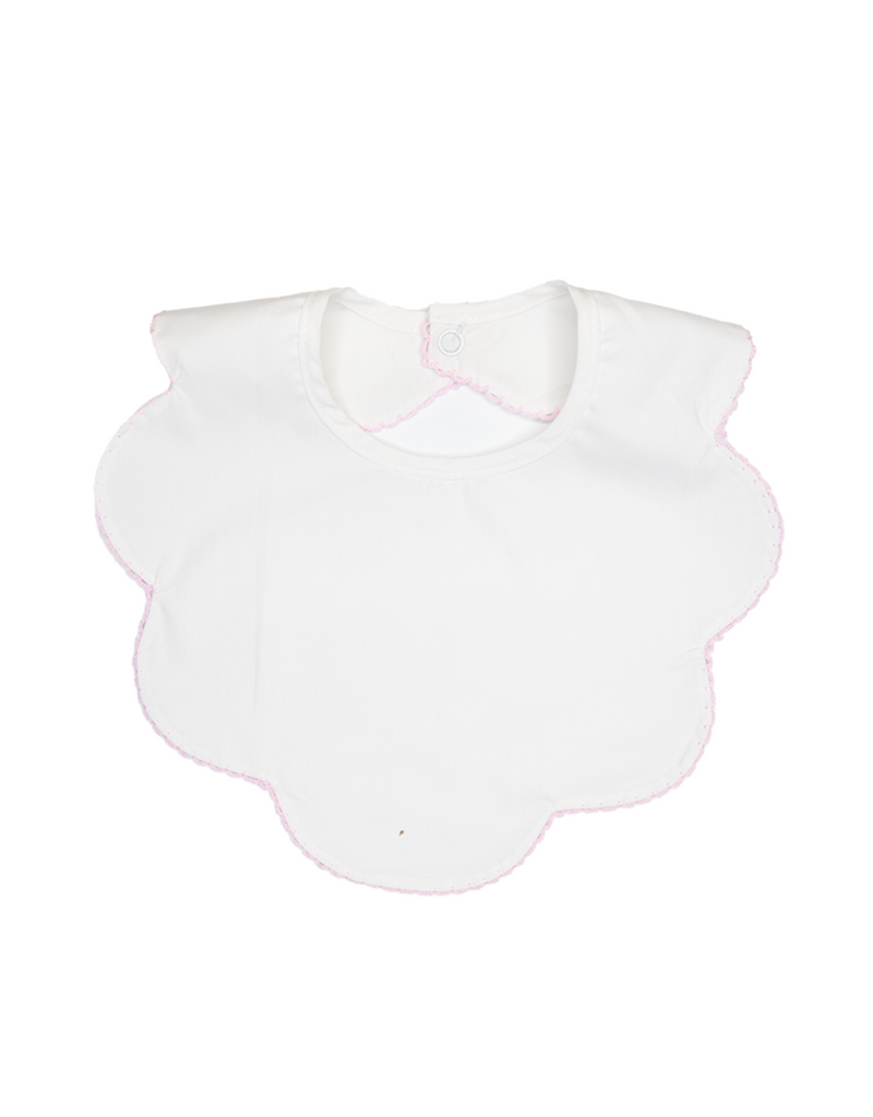 WHITE SCALLOP WITH PINK PICOT TRIM BIB