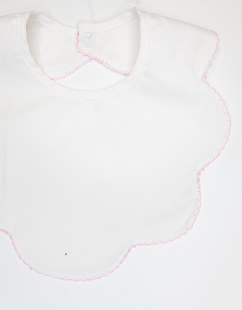 WHITE SCALLOP WITH PINK PICOT TRIM BIB