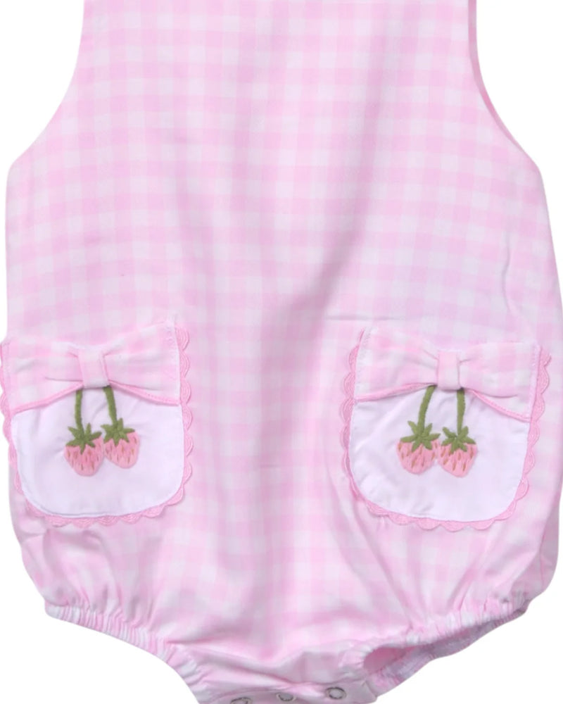 STRAWBERRY EMBROIDERED PINK GINGHAM BUBBLE