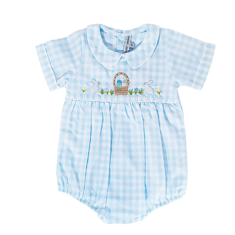 HAPPY EASTER EMBROIDERED BLUE GINGHAM BUBBLE