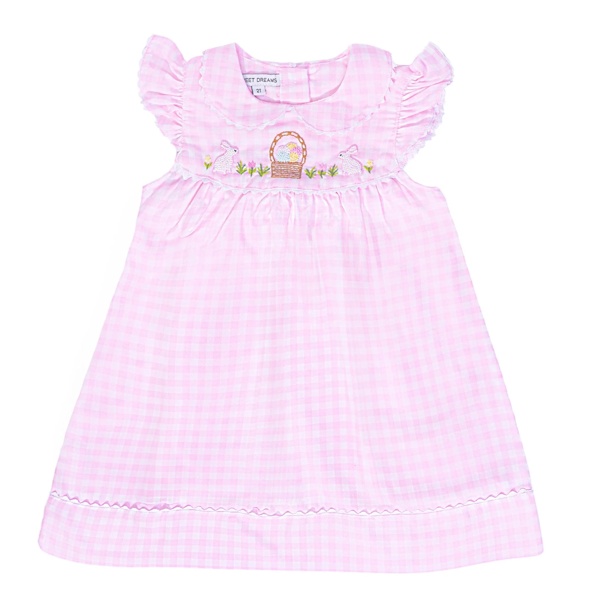 HAPPY EASTER EMBROIDERED PINK GINGHAM DRESS