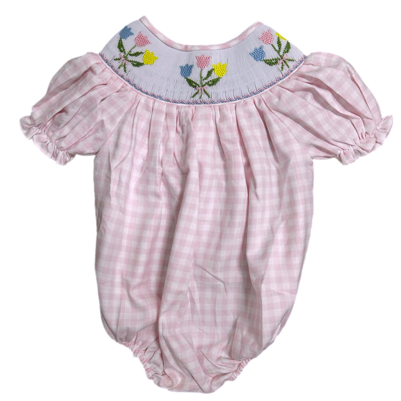 PINK GINGHAM TULIP SMOCKED BUBBLE