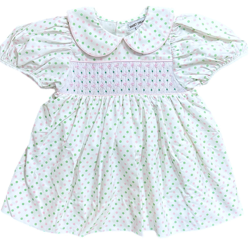 PINK & GREEN PEARL POLKA DOT SMOCKED DRESS