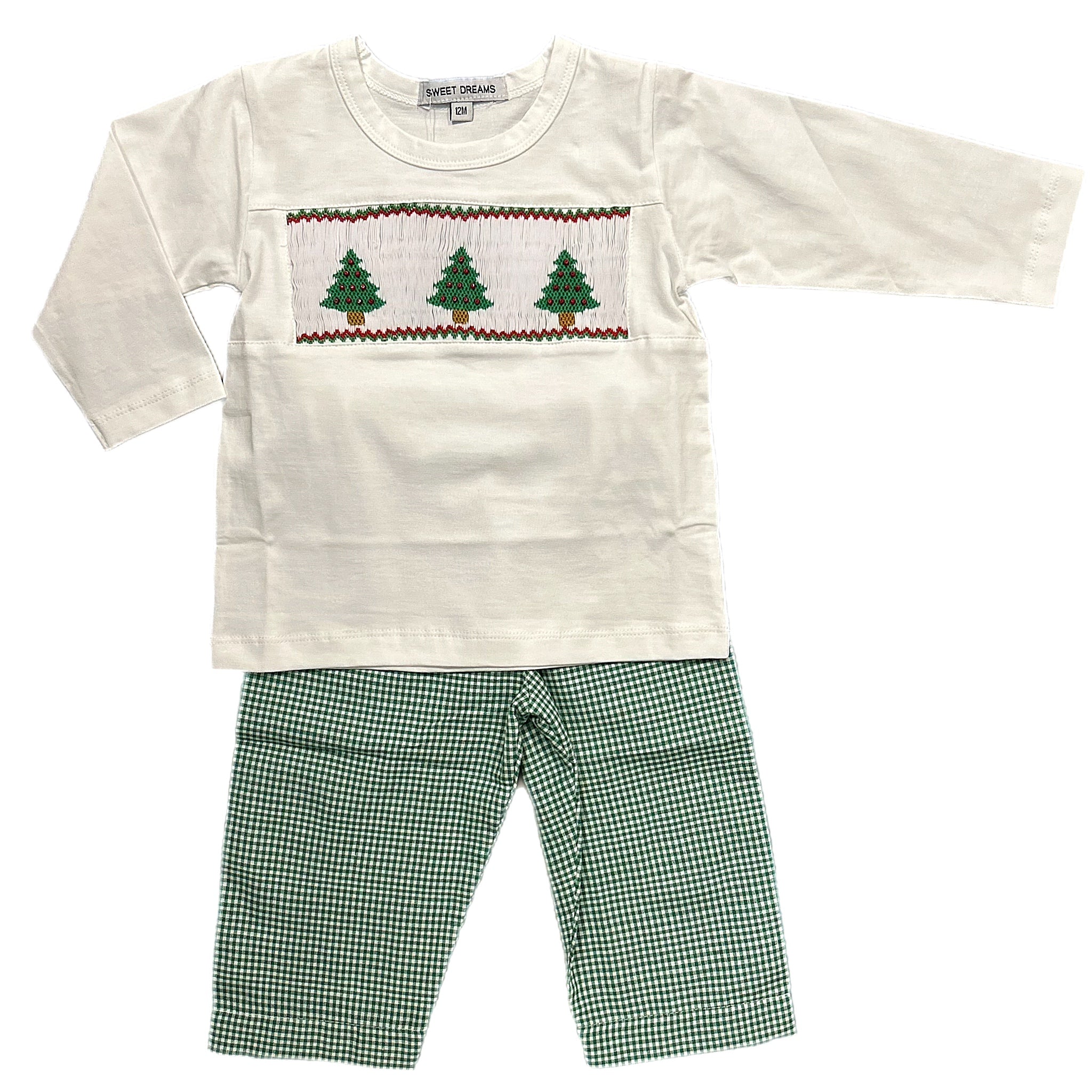 GREEN GINGHAM SMOCKED CHRISTMAS TREE BOYS PANTS SET