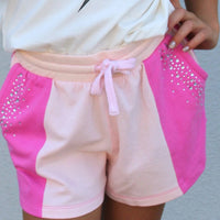 COLOR BLOCKED PINK RHINESTONE SHORTS