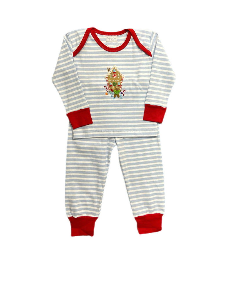 GINGERBREAD HOUSE PAJAMA SET BLUE STRIPE