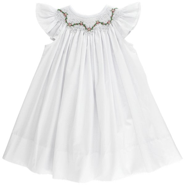 WHITE WITH ROSE VINE BISHOP DRESS