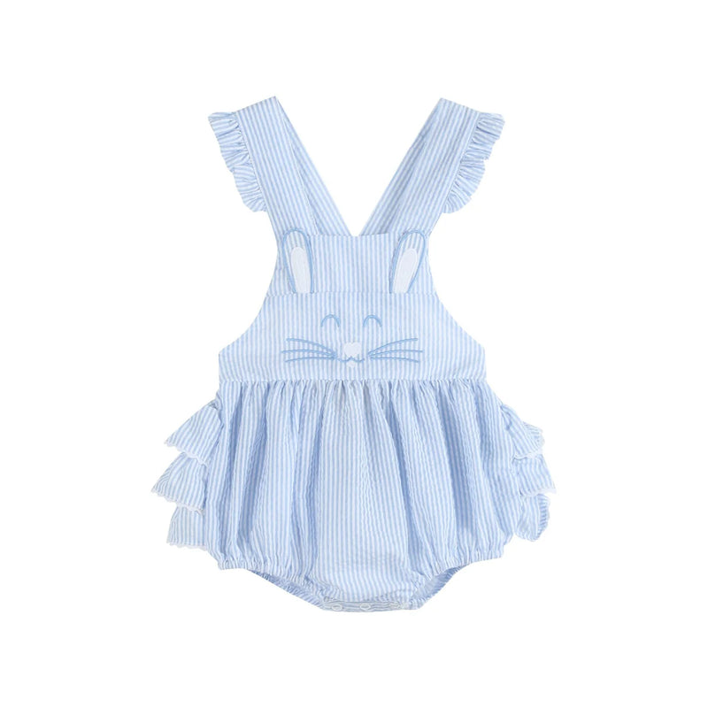 BLUE SEERSUCKER BUNNY FACE RUFFLE ROMPER