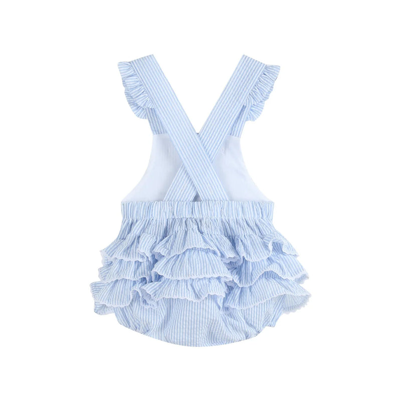 BLUE SEERSUCKER BUNNY FACE RUFFLE ROMPER