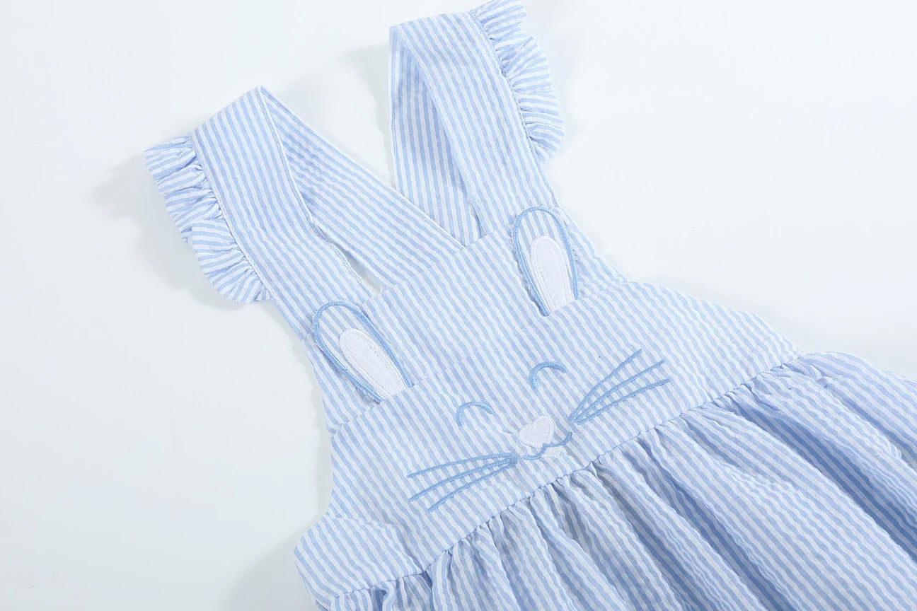 BLUE SEERSUCKER BUNNY FACE RUFFLE ROMPER