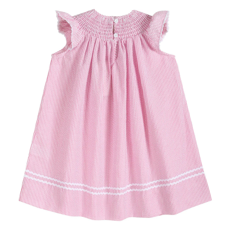 PINK SEERSUCKER RUNNING BUNNIES SMOCKED BISHOP DRESS