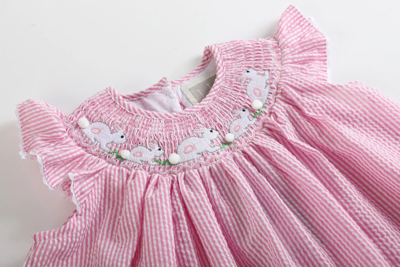 PINK SEERSUCKER RUNNING BUNNIES SMOCKED BISHOP DRESS