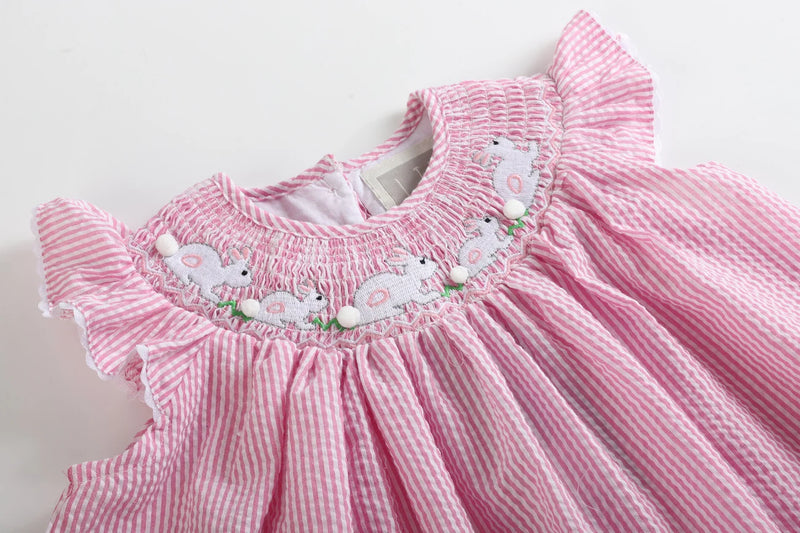 PINK SEERSUCKER RUNNING BUNNIES SMOCKED BISHOP DRESS