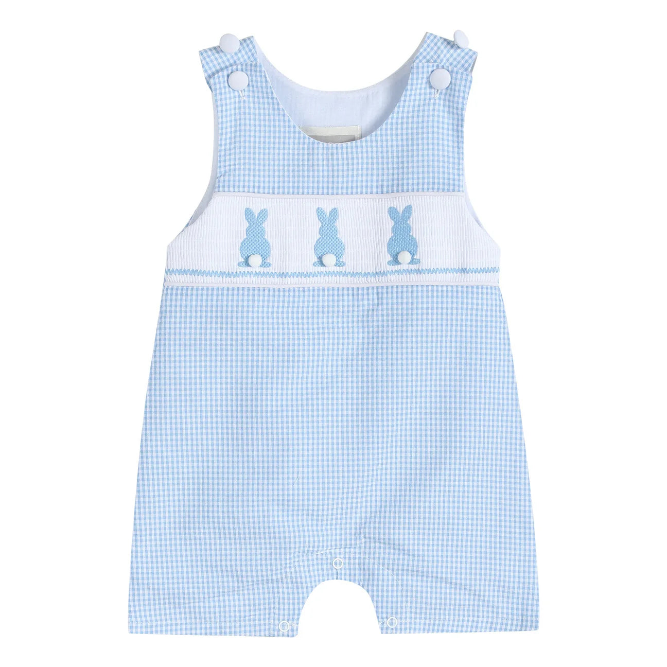 BLUE GINGHAM EASTER BUNNY SMOCKED SHORTALL