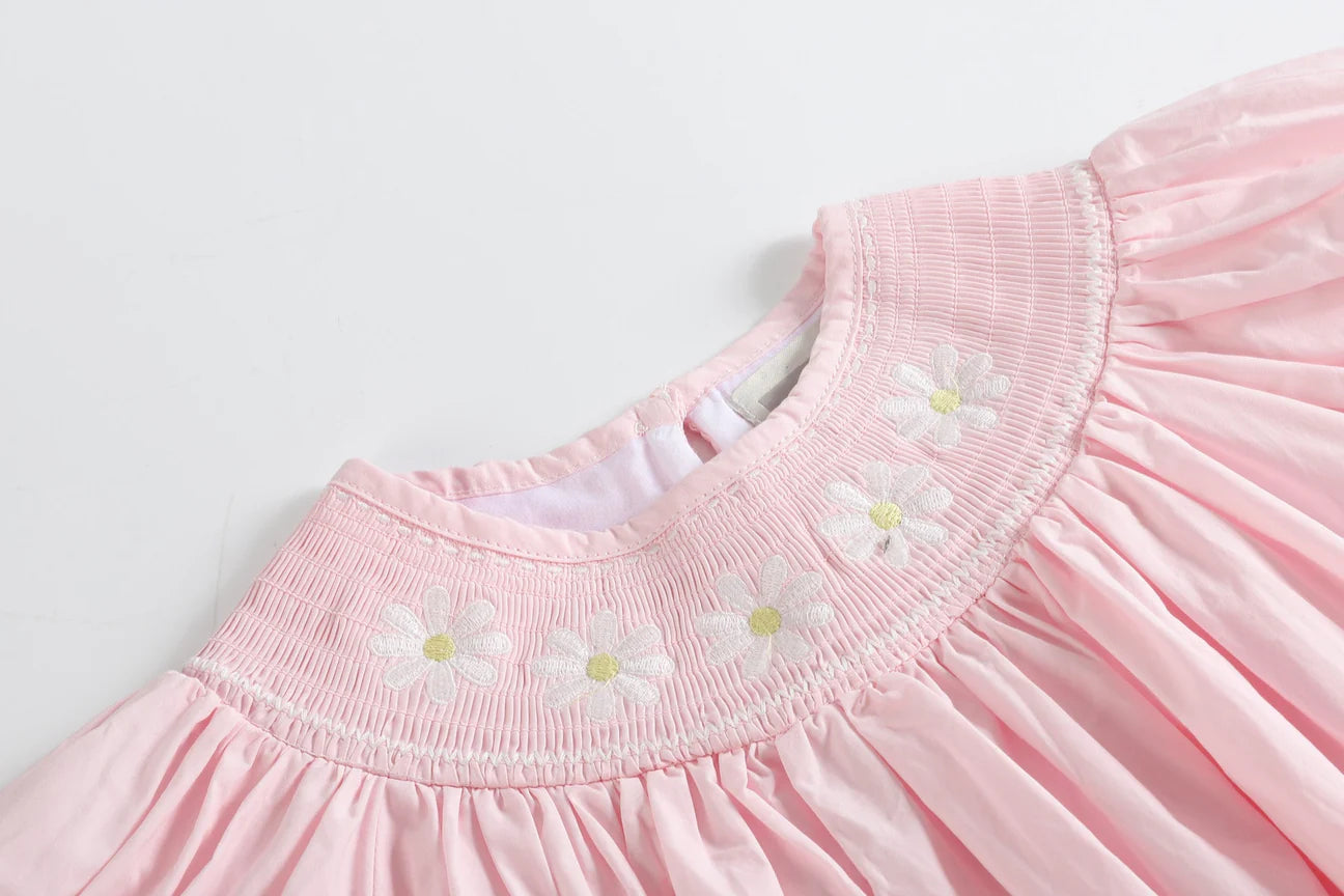 LIGHT PINK DAISY SMOCKED BISHOP DRESS