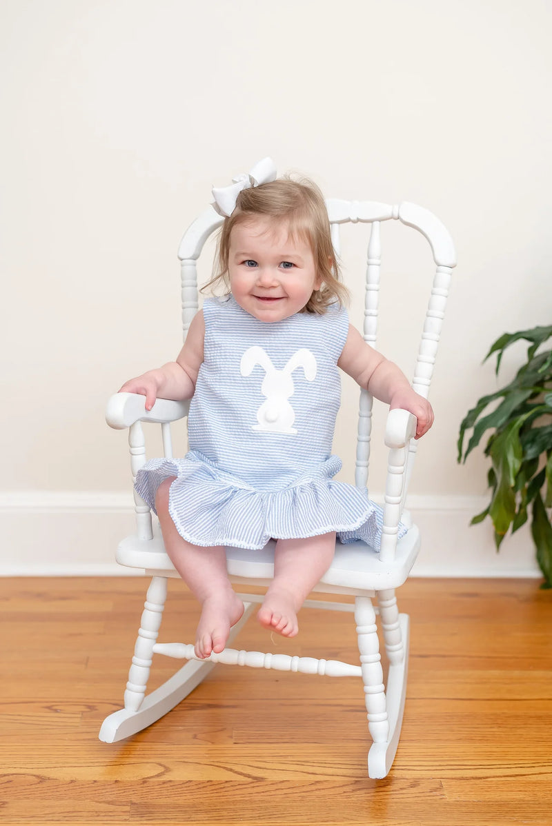 LIGHT BLUE SEERSUCKER POM POM BUNNY SWING DRESS