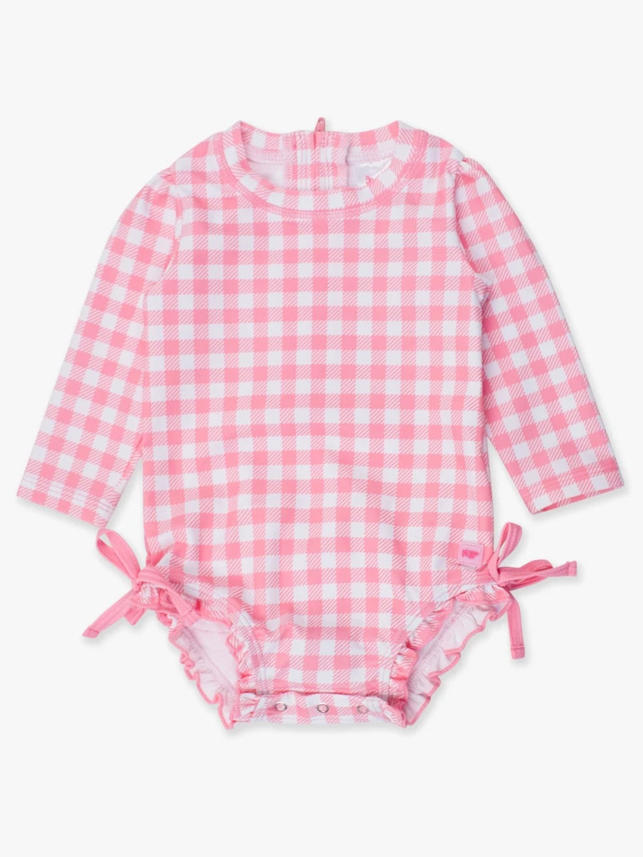 LONG SLEEVE ONE PIECE RASH GUARD - BUBBLEGUM PINK GINGHAM