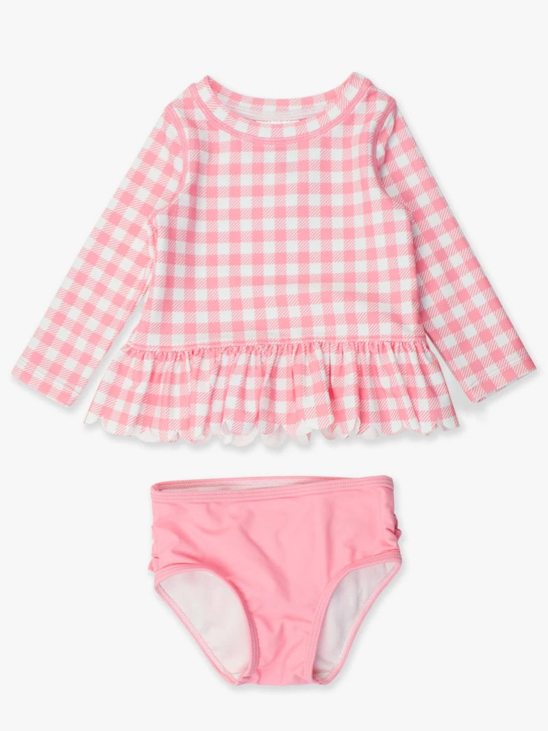 SCALLOPED LONG SLEEVE RASH GUARD 2-PIECE - BUBBLEGUM PINK GINGHAM