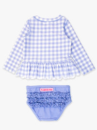 SCALLOPED LONG SLEEVE RASH GUARD 2-PIECE - PERIWINKLE BLUE GINGHAM