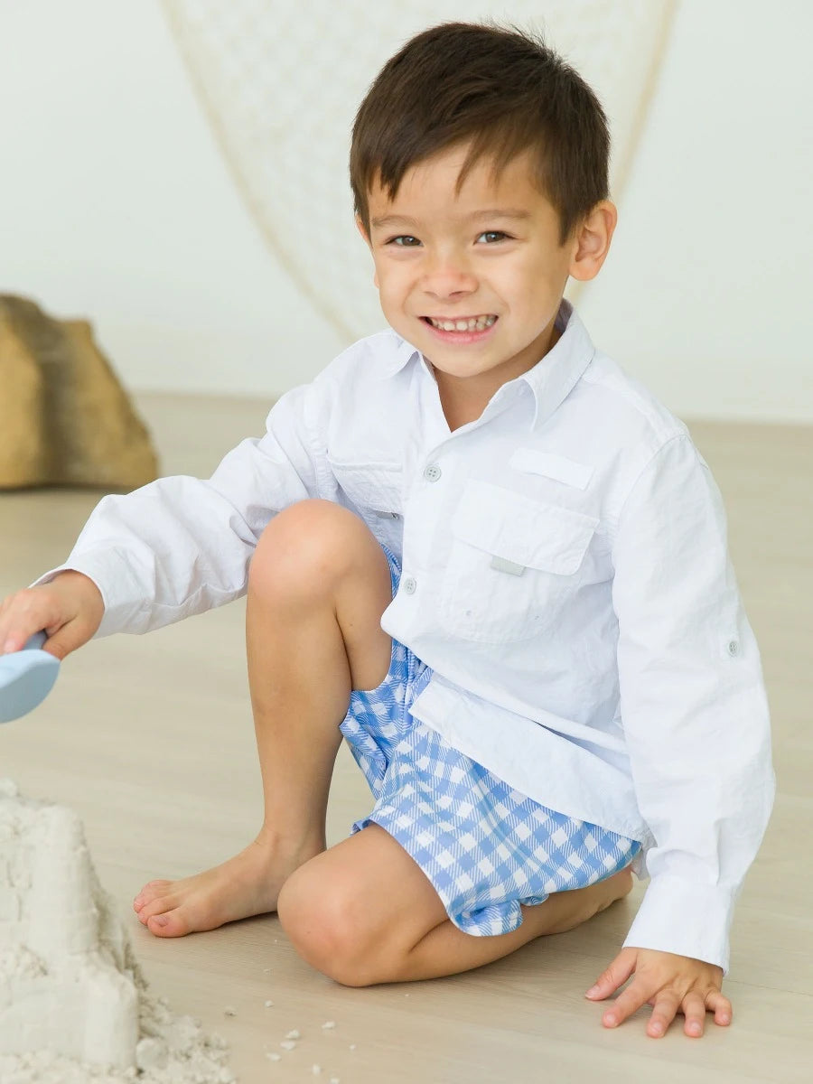 PERIWINKLE BLUE GINGHAM SWIM TRUNKS