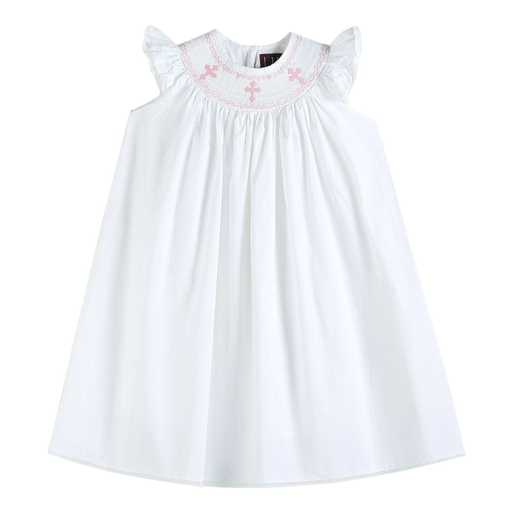 WHITE AND PINK CROSS SMOCKED ANGEL SLEEVE BISHOP DRESS