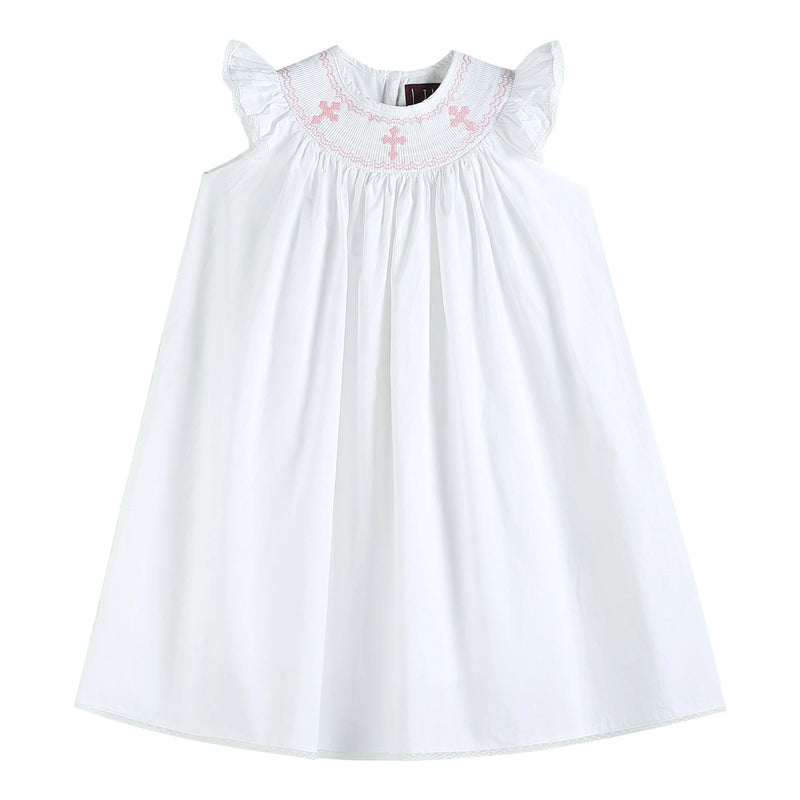 WHITE AND PINK CROSS SMOCKED ANGEL SLEEVE BISHOP DRESS