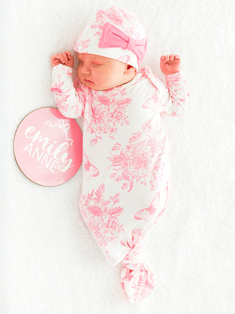 PINK BUTTERFLY GARDEN TOILE RUFFLE KNOTTED SLEEP GOWN & HAT SET