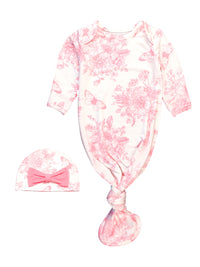 PINK BUTTERFLY GARDEN TOILE RUFFLE KNOTTED SLEEP GOWN & HAT SET