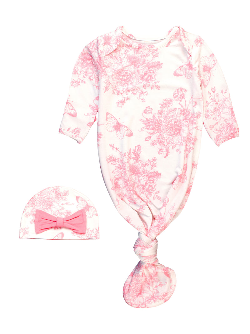 PINK BUTTERFLY GARDEN TOILE RUFFLE KNOTTED SLEEP GOWN & HAT SET