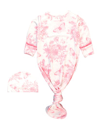 PINK BUTTERFLY GARDEN TOILE RUFFLE KNOTTED SLEEP GOWN & HAT SET