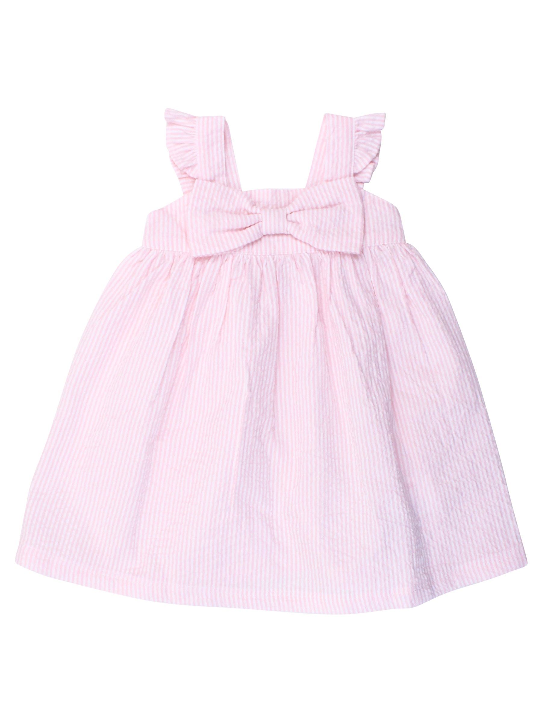 FLUTTER BOW WOVEN DRESS - PINK SEERSUCKER